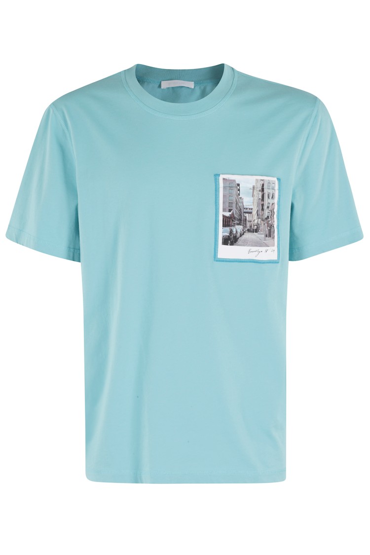 Helmut Lang Postcard Print T-shirt With Ribbed Crew Neckline In Blue