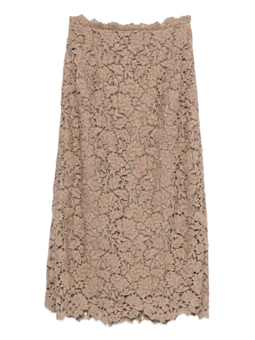 Ermanno Scervino Delicate Floral Lace Midi Skirt In Brown