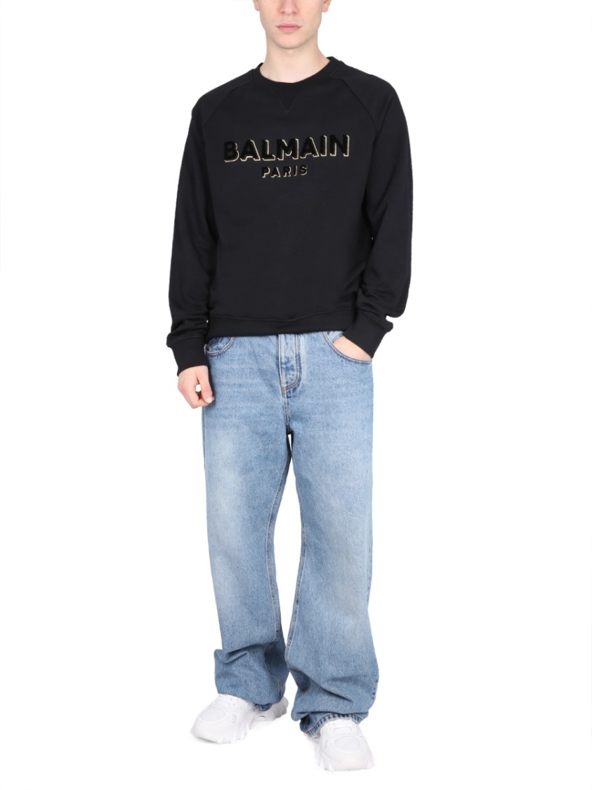 Balmain Flocked Logo Sweatshirt With Metallic Accents In Black