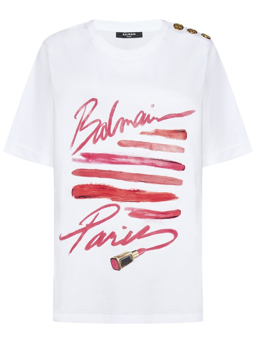 Balmain Cotton Jersey Crewneck T-shirt With Lipstick Print In White