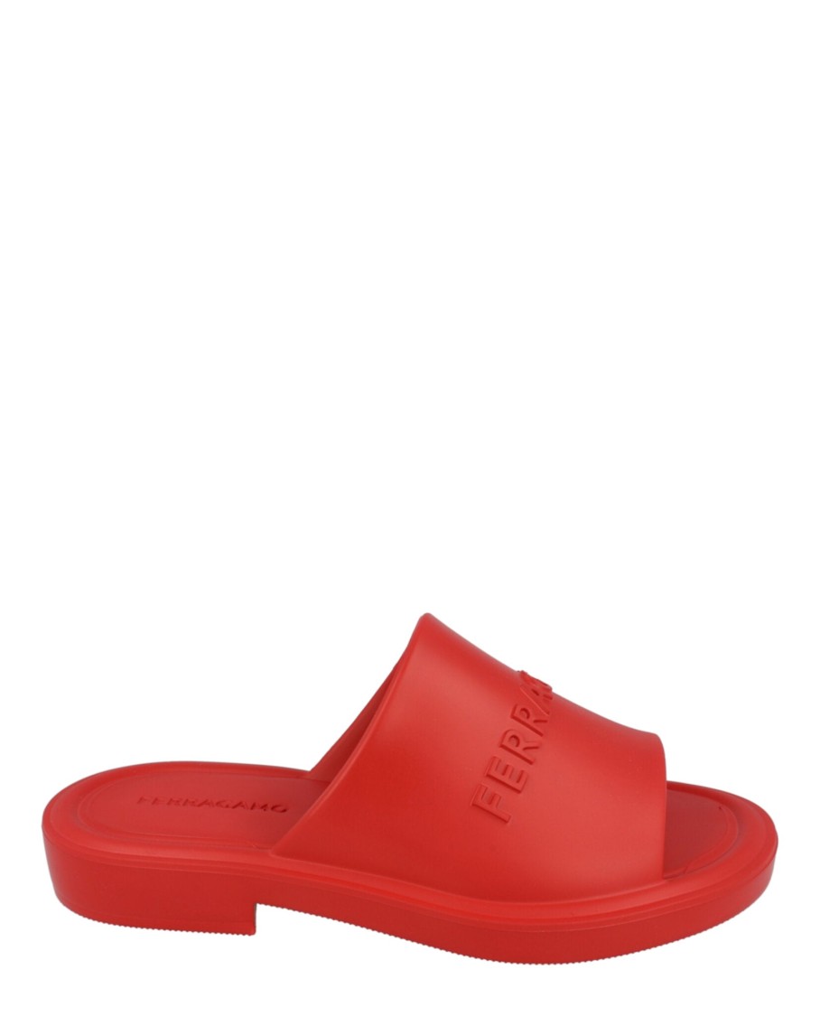 Ferragamo Giuneva Logo Embossed Slides In Red