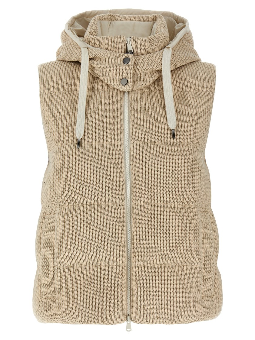 Brunello Cucinelli Cotton Knit Vest With Down Padding And Removable Hood In Neutral