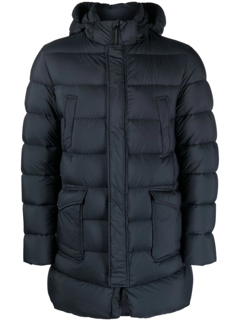 Herno Long Quilted Down Jacket With Hood And Flap Pockets In Blue