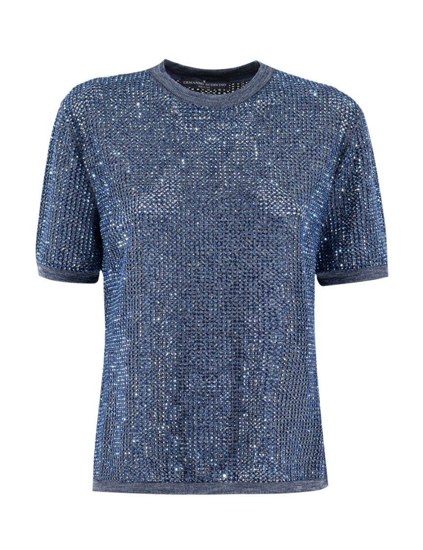 Shop Ermanno Scervino Dark Denim Melange T-shirt With Crystal Appliques