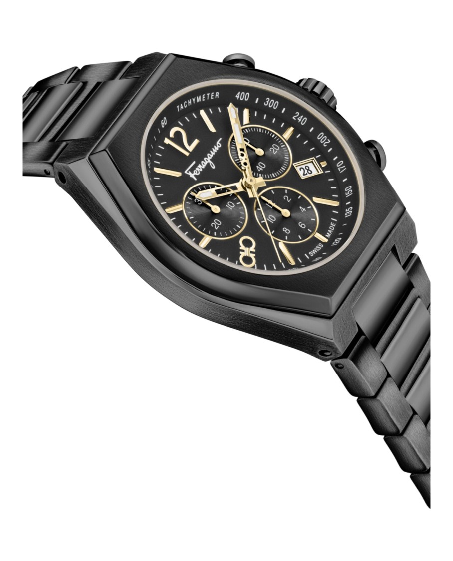 Ferragamo Tonneau Chrono Bracelet Watch In Black