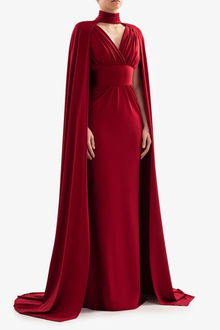 Saiid Kobeisy Jersey Dress With Cape In Red