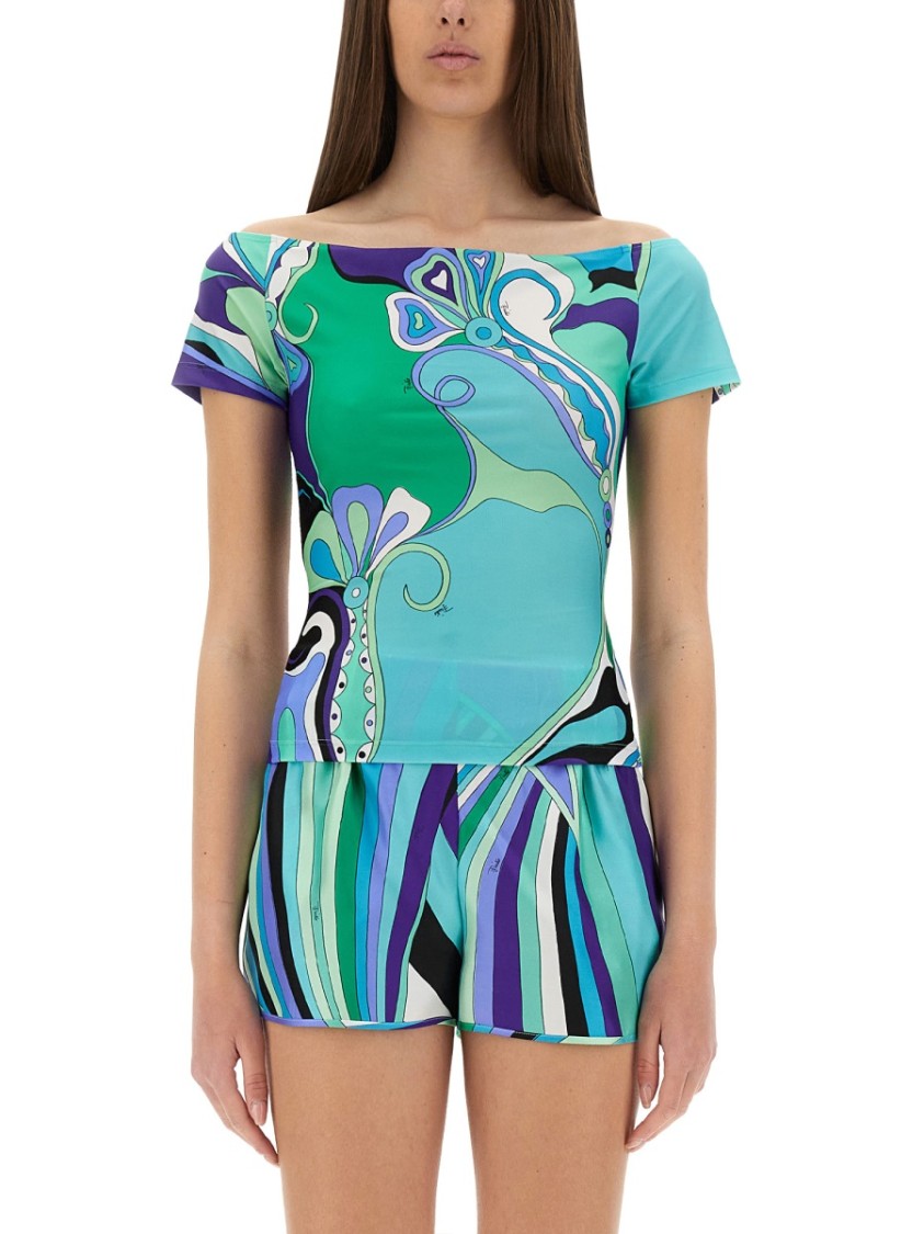 Pucci Slim Fit Green T-shirt With Vibrant Print And Off-shoulder Neckline