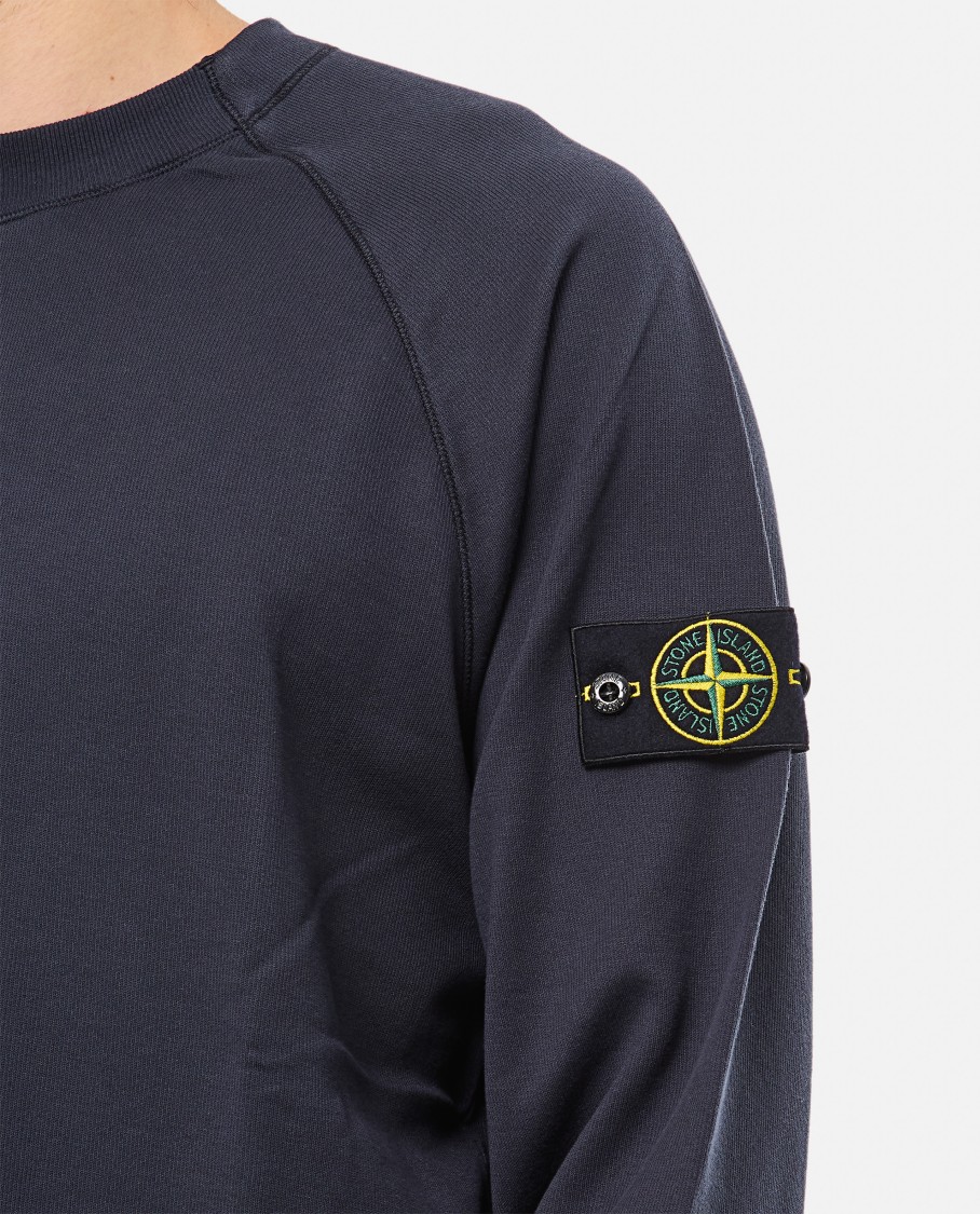Stone Island Round-neck Sweatshirt With Ribbed Cuffs And Logo Detail In Blue