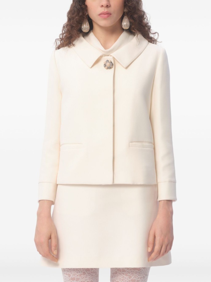 Valentino Garavani White Jacket With Spread Collar And Front Jewel Button In Wool And Silk Woman