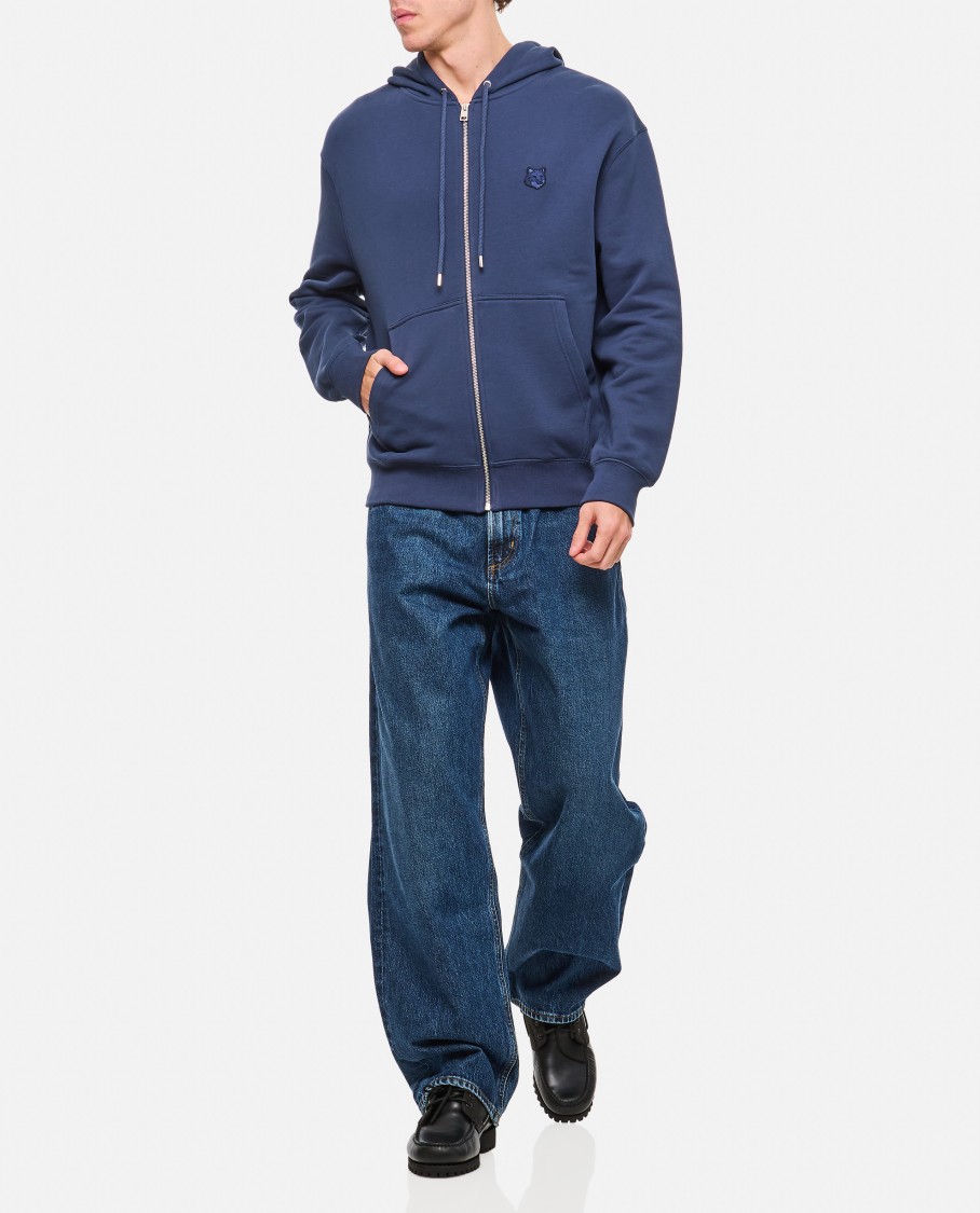 Shop Maison Kitsuné Zippered Hoodie With Embroidered Logofront Pocket In Blue
