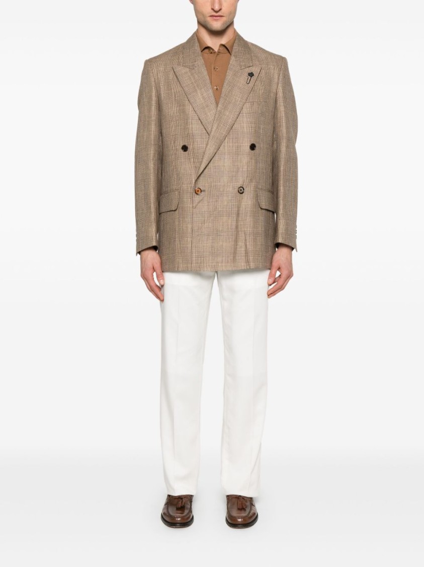 Lardini Double-breasted Brown Jacket With Textured Plaid Pattern In Pink
