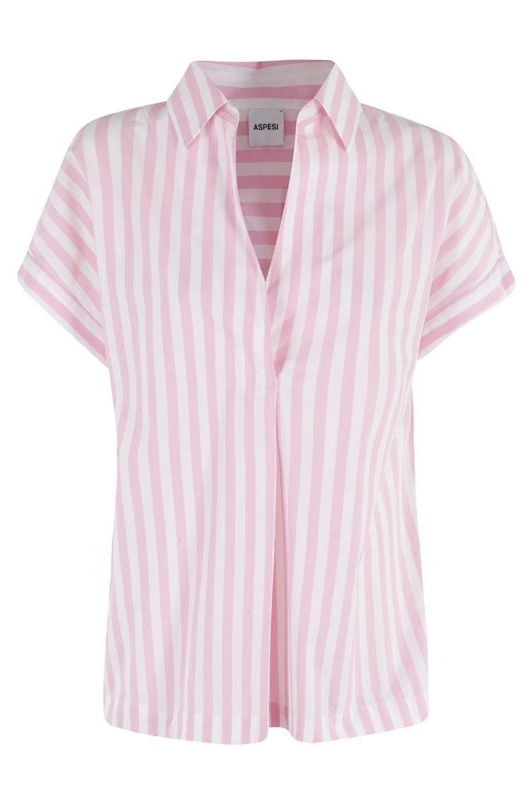 Aspesi Striped Poplin Top With Polo Collar And Side Slits