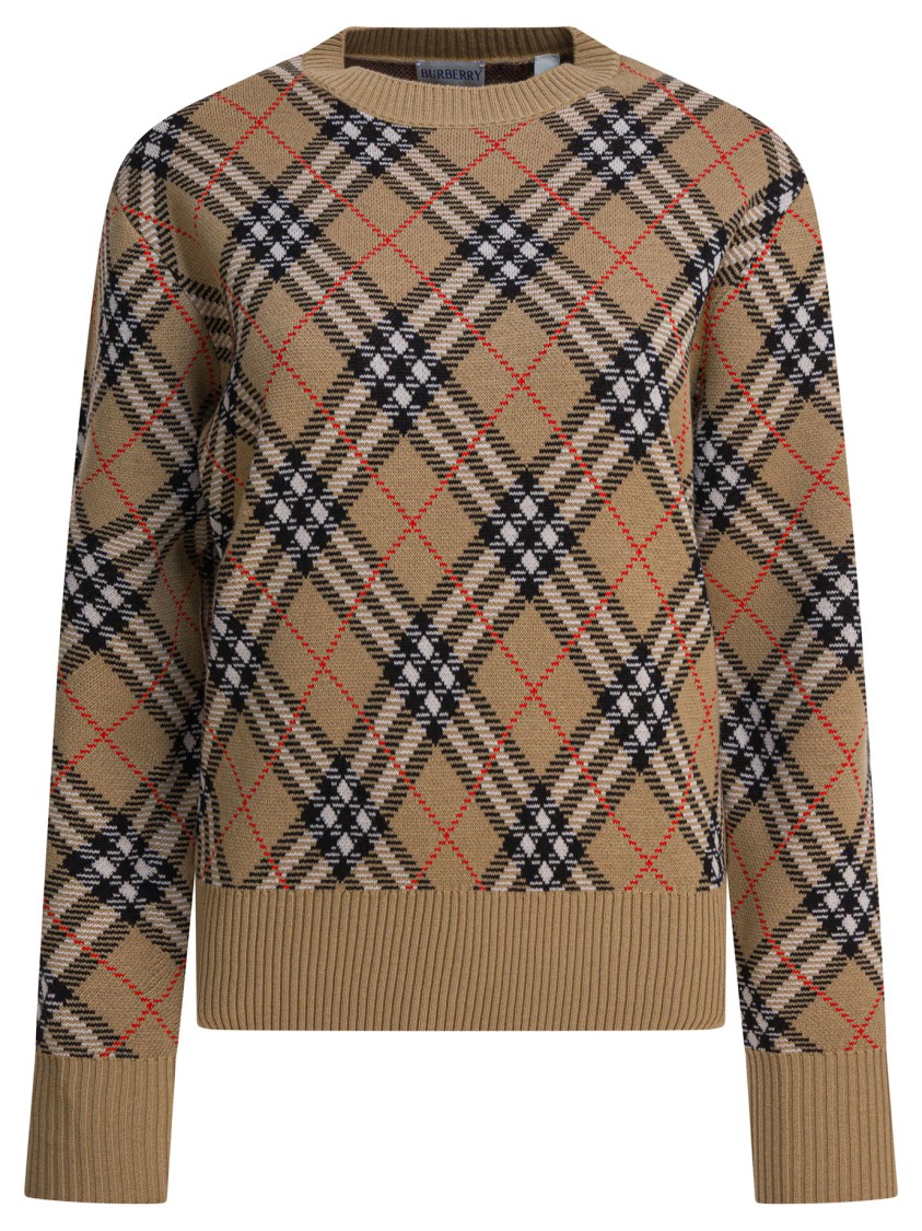 Burberry Checkered Beige Wool Blend Sweater In Brown
