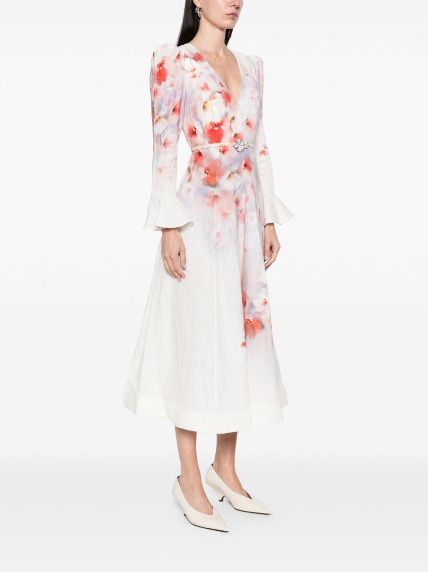 Shop Zimmermann Midi Dress With Deep V-neckline And Flared Cuffs In Neutrals