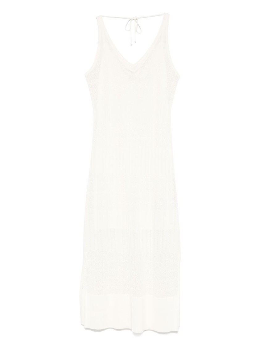 Shop Hugo Boss Boss Orange Light Beige V-neck Midi Dress With Intricate Knit Detail