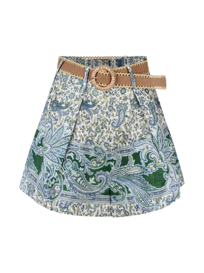 Zimmermann Ottie Belted Pleated Printed Linen Shorts