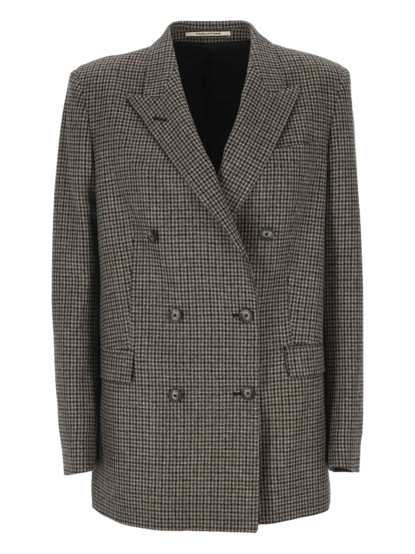 Tagliatore Double-breasted Houndstooth Blazer With Peak Lapels And Welt Pockets In Gray