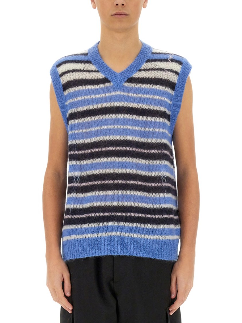Marni Mens Striped-print V-neck Relaxed-fit Wool-blend Vest Blue Lilac In Multicolor