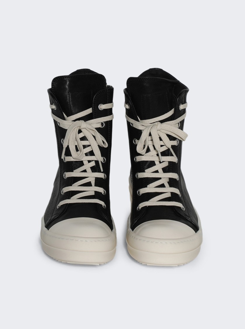 Rick Owens Black High Top Sneakers With Oversized Laces In Leather In Black