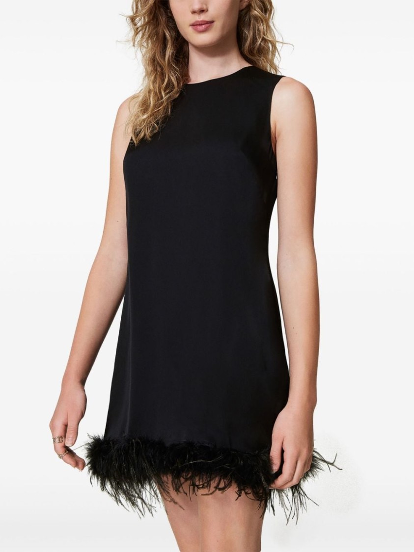 Shop Twinset Twin-set Sleeveless Black Dress With Feather Detail