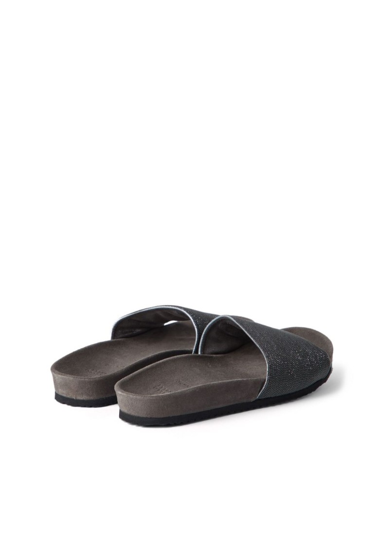 Brunello Cucinelli Textured Strap Slip-on Sandals With Cushioned Footbed In Black