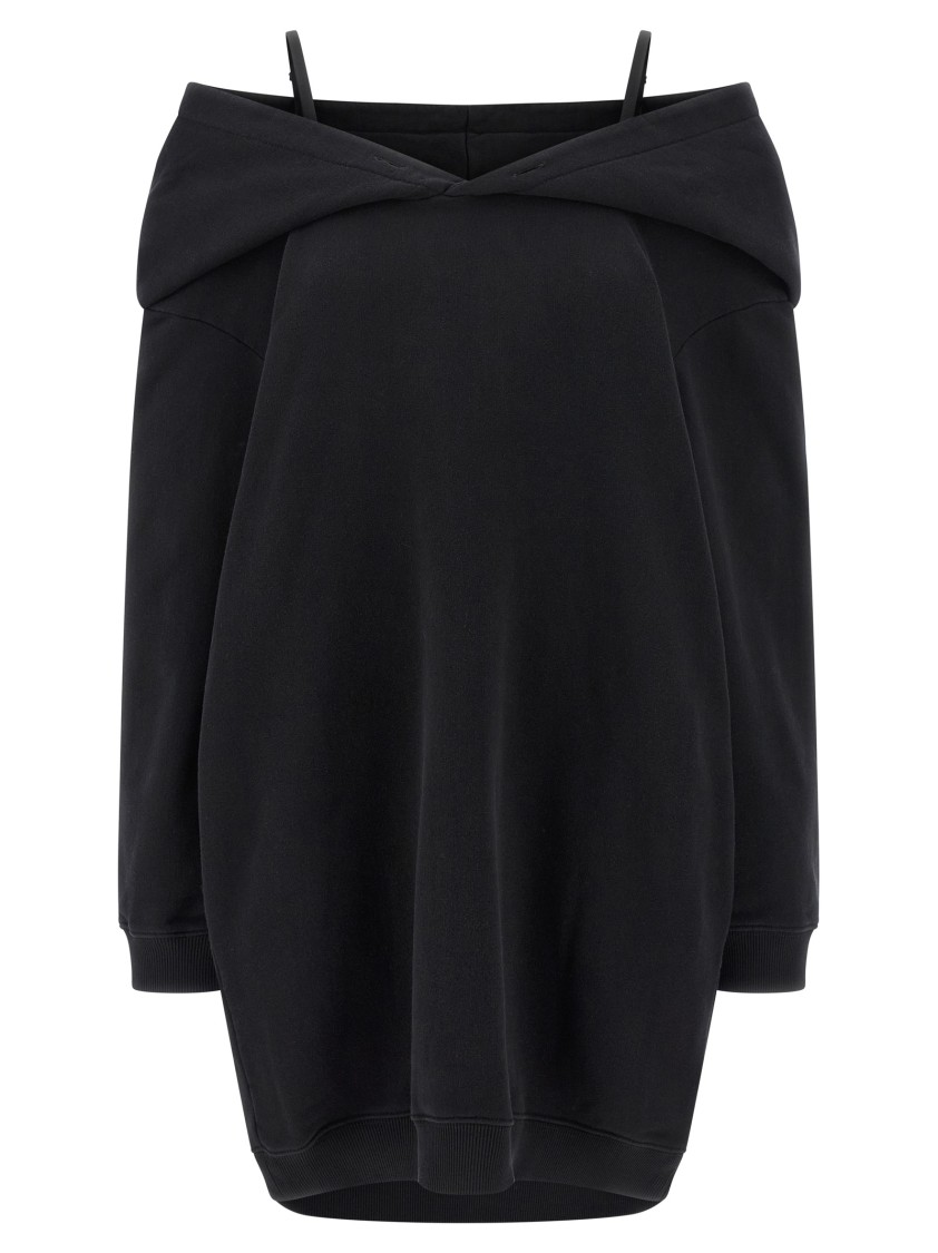 Mm6 Maison Margiela Mm6 By Maison Margiela Off-shoulder Black Sweatshirt Dress With Cozy Hood In Black