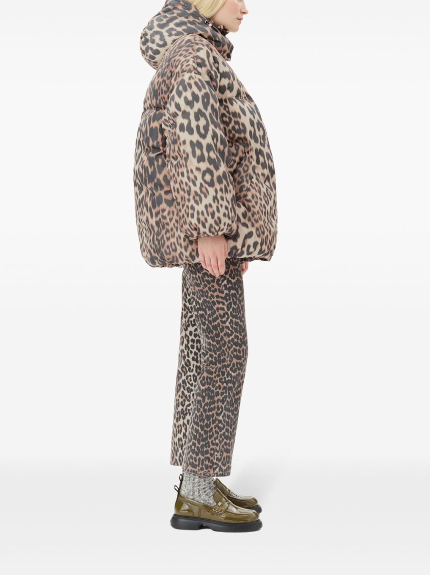 Ganni Leopard Print Coat With Oversized Silhouette In Brown