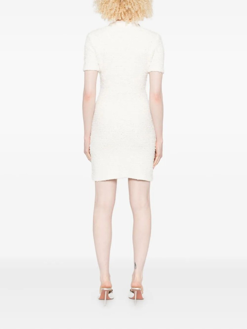 Self-portrait Mini Dress With Knit Tweed Texture And Crystal Accents In White