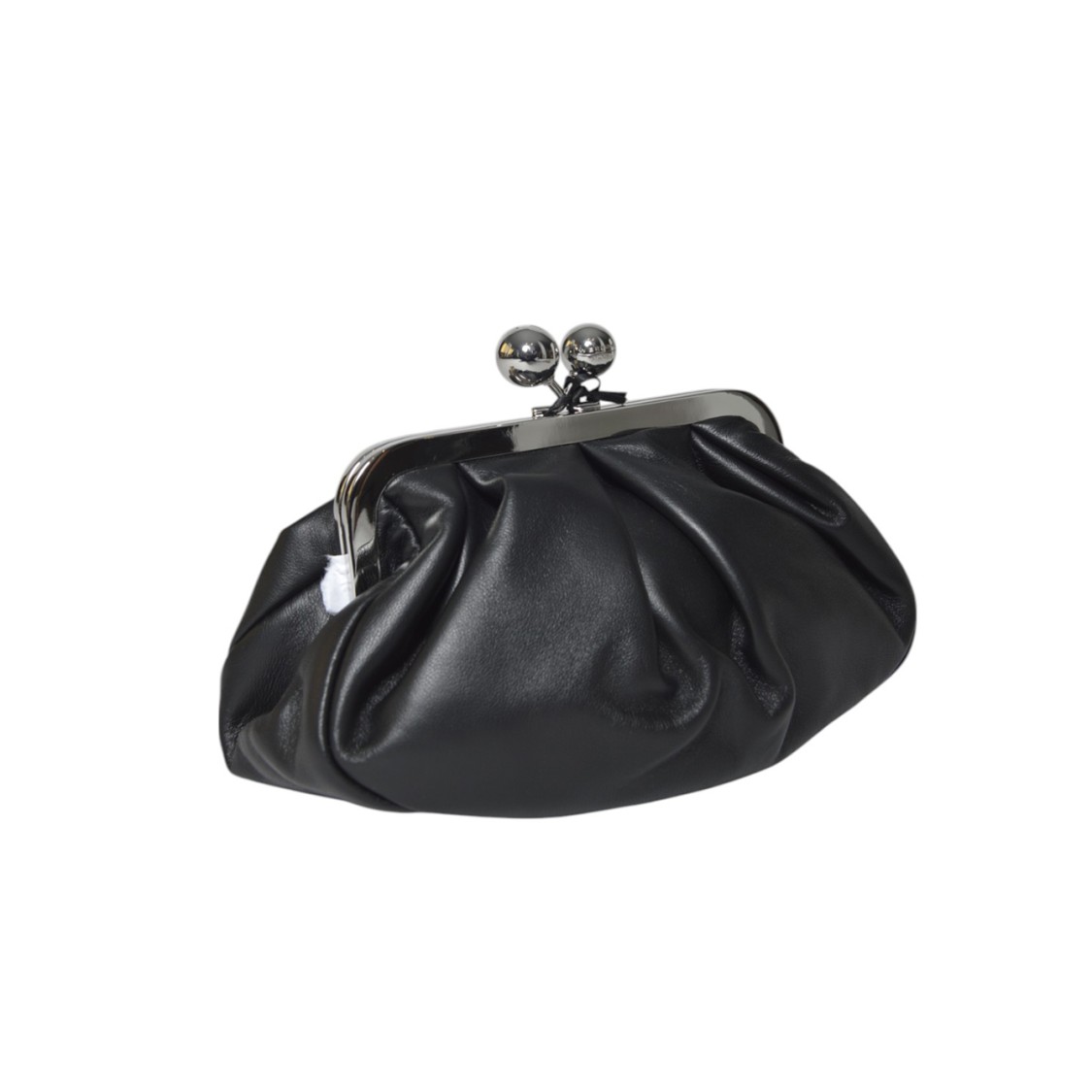 Max Mara Gathered Black Leather Clutch With Classic Frame In Black