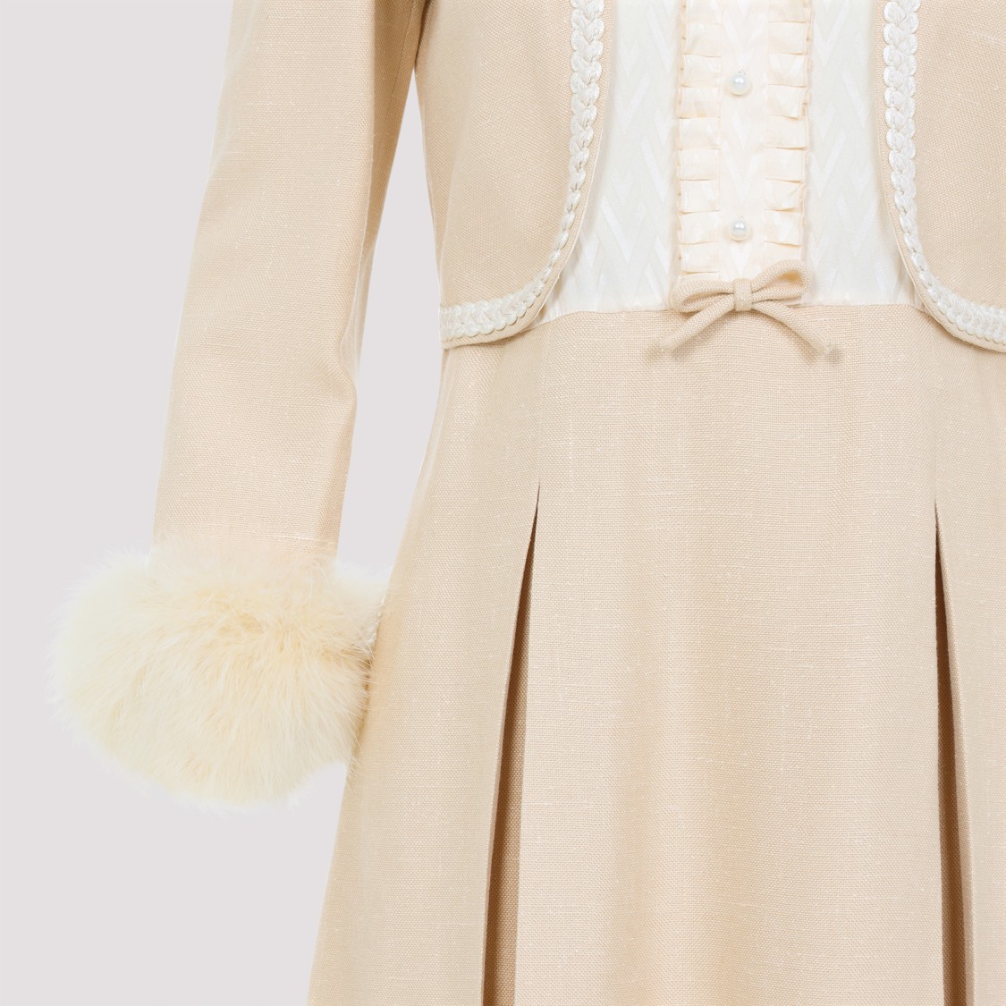 Valentino Nude Viscose-silk Blend Dress With Feather-accented Cuffs In Neutrals