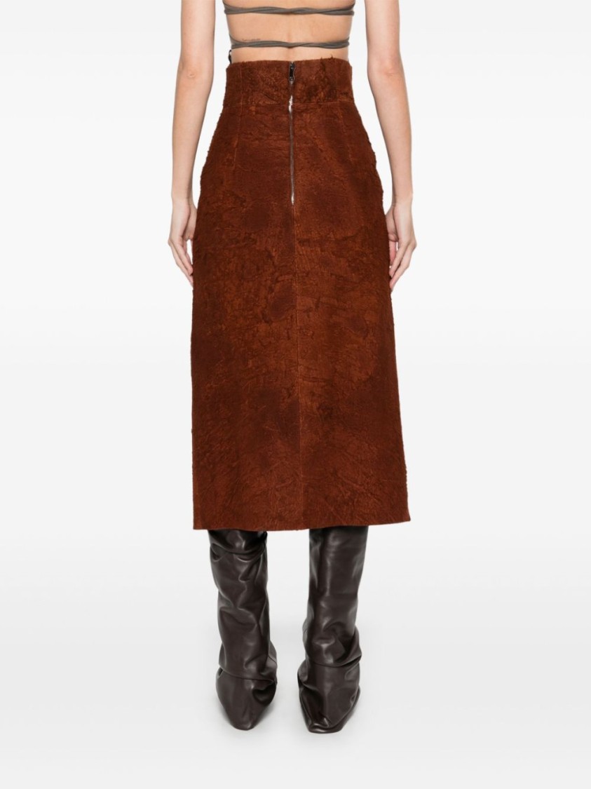 Alexander Mcqueen Womens Brown Brushed-suede Split Leather Midi Skirt In Brown