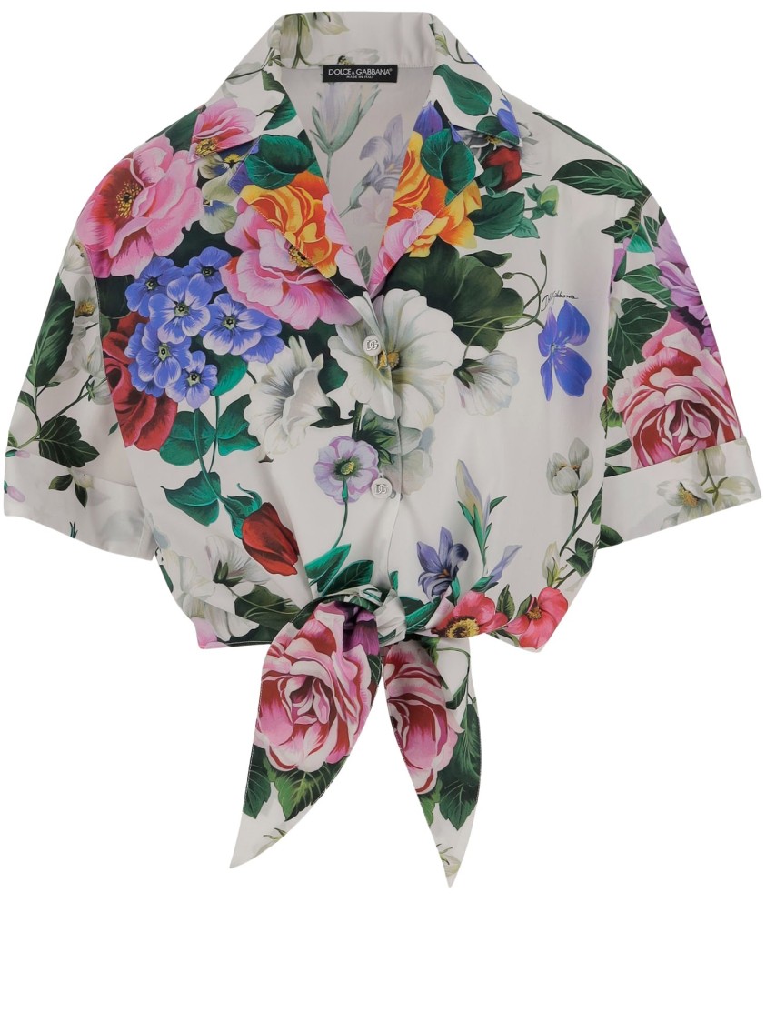 Dolce & Gabbana Multicolor Crop Shirt With All-over Floral Motif And Logo Lettering Detail On The Front In Cotton Wo In Multicolor