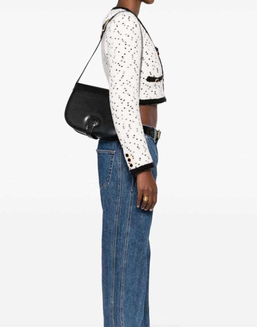 Shop Celine Black Leather Carriage Logo Flap Shoulder Bag