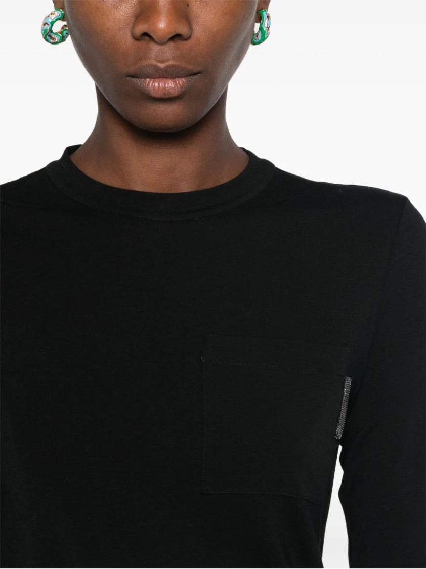 Brunello Cucinelli Long-sleeve Black Top With Classic Crew Neckline In Black