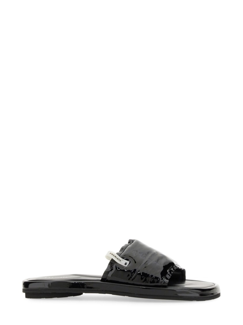 Shop Premiata Black Lamb Leather Slide Sandal With Glossy Finish
