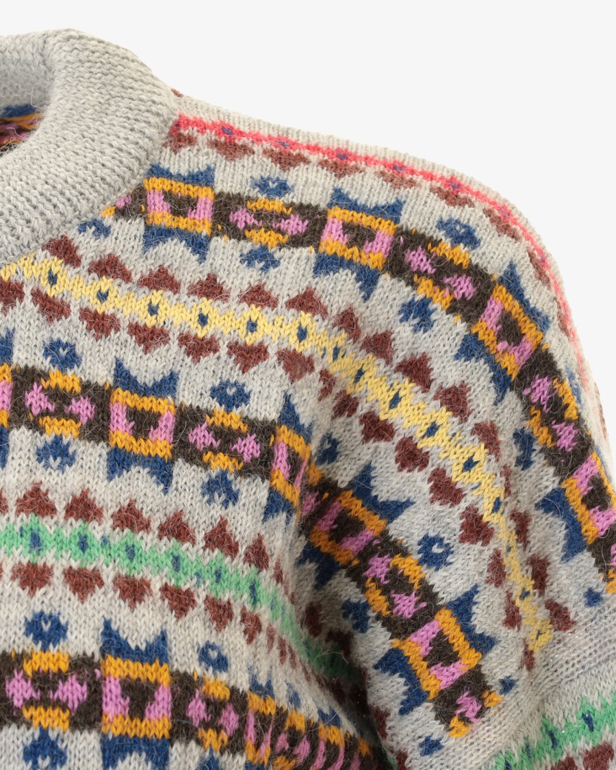 Paul Smith Multi-colored Knitted Crewneck Sweater With Geometric Patterns In Gray