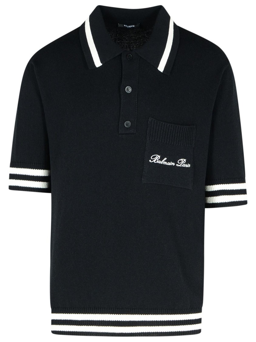Shop Balmain Signature' Black Cotton Blend Polo Shirt
