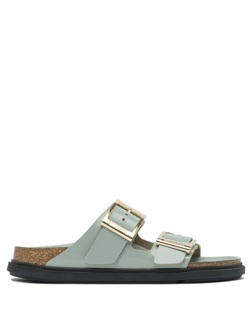 Birkenstock Contoured Leather Sandals With Adjustable Metallic Buckles In Gray