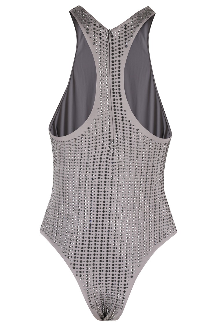 Venuja Grey One-piece Swimsuit With All-over Stud Decoration In Tech Fabric Woman