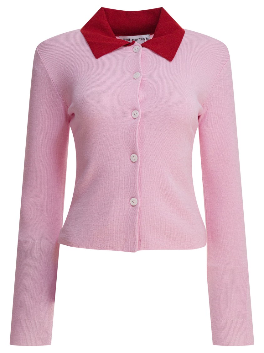 Self-portrait Merino Wool Cardigan With Contrast Collar In Pink