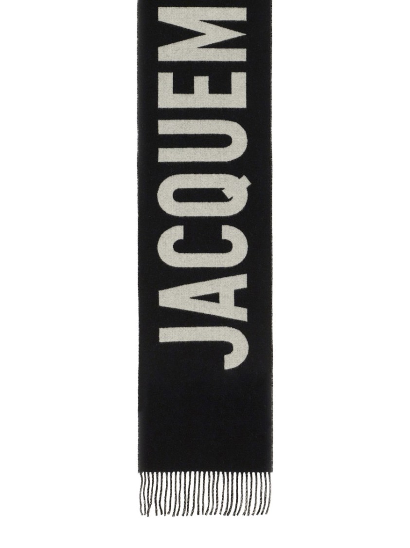 Jacquemus Long Rectangular Wool Scarf With Logo In Black
