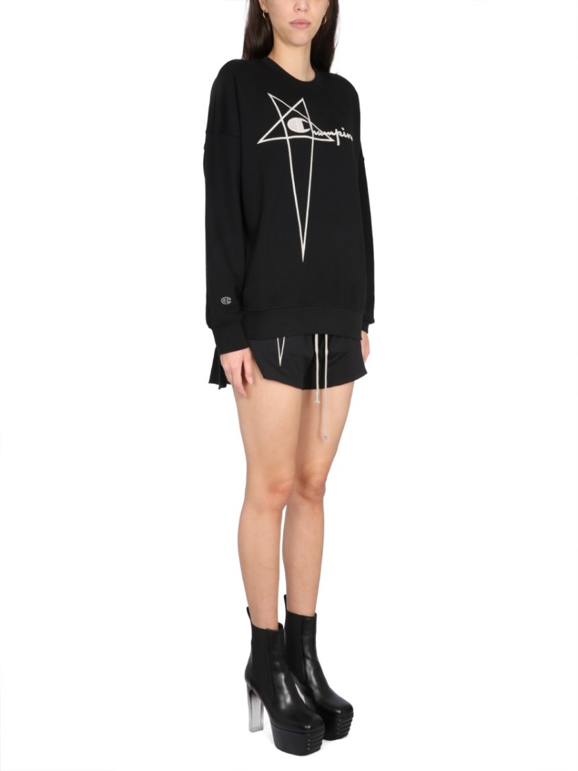 Champion X Rick Owens Oversized Black Sweatshirt With Logo Embossing In Black