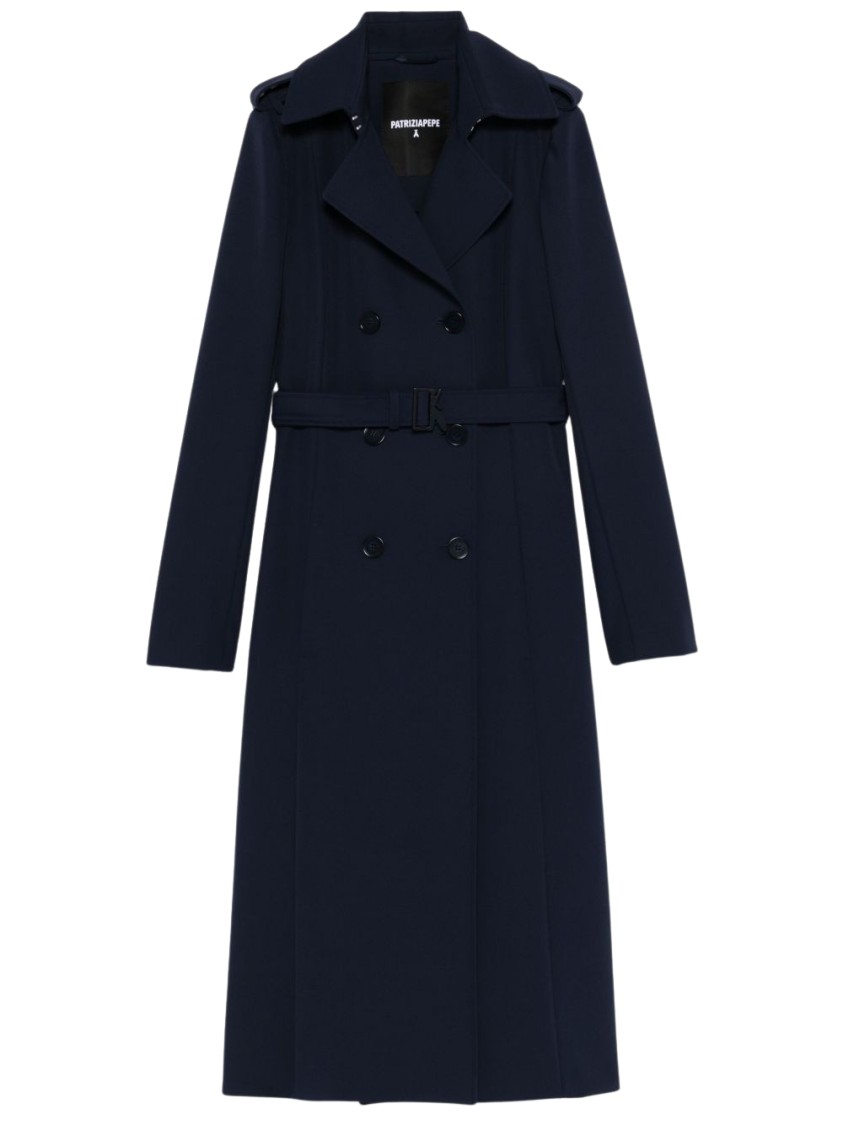Shop Patrizia Pepe Navy Blue Double-breasted Trench Coat