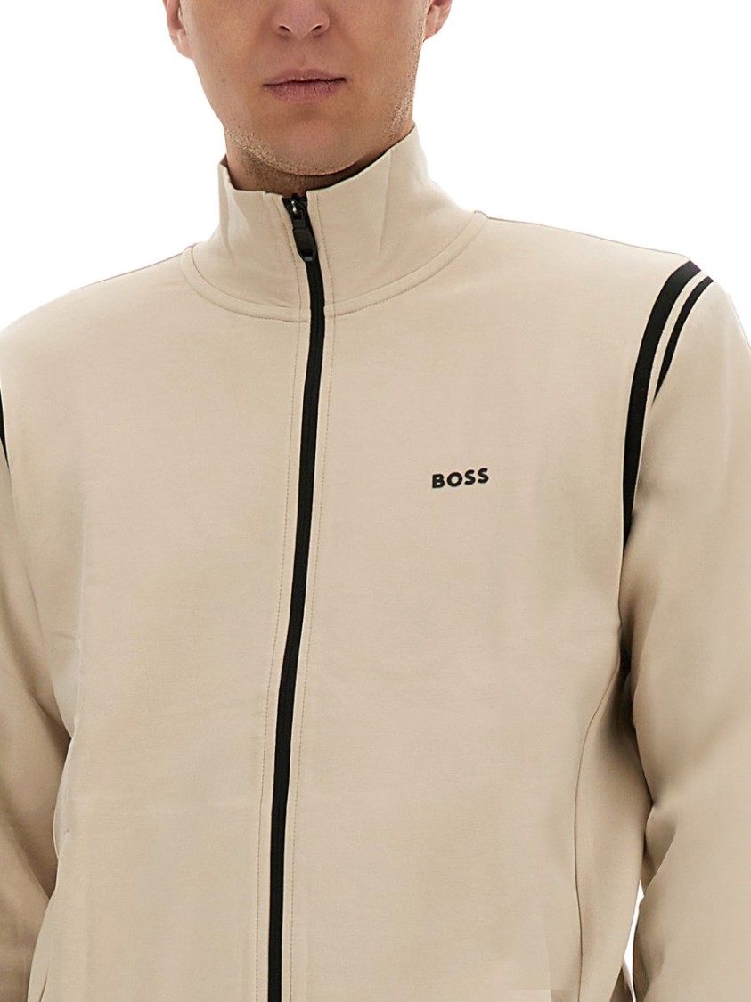 Hugo Boss Boss Zip-up Activewear Set With Contrasting Stripes In Brown