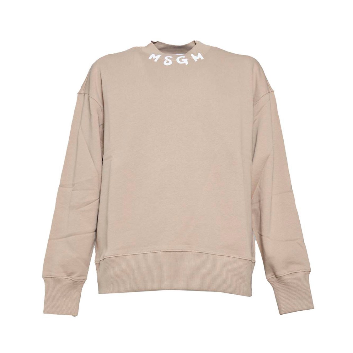 Msgm Beige Cotton Crewneck Sweatshirt Brush Logo Print On Neck In Neutral