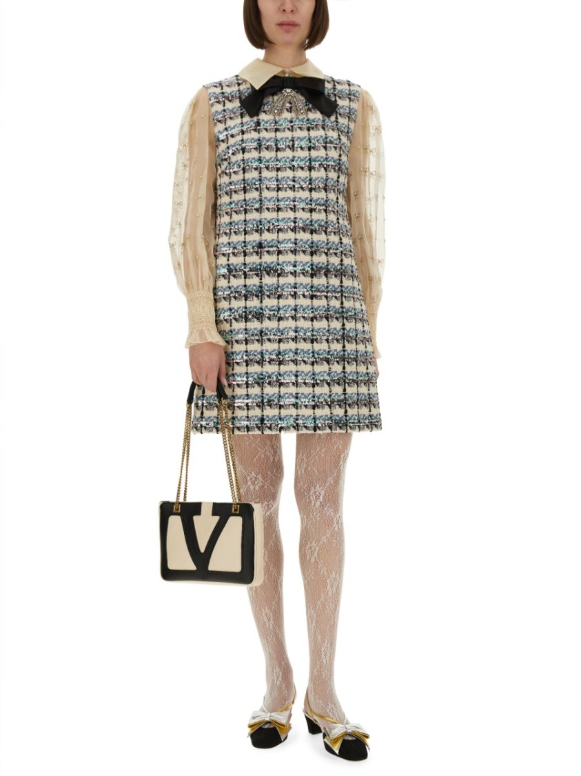 Valentino Tweed Dress With Bow-embellished Sleeves