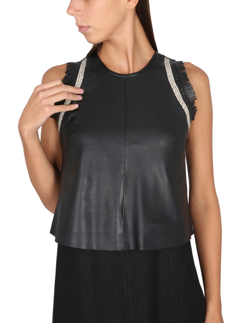 Shop Alysi Sleeveless Leather And Linen Suit With Fringe Accents