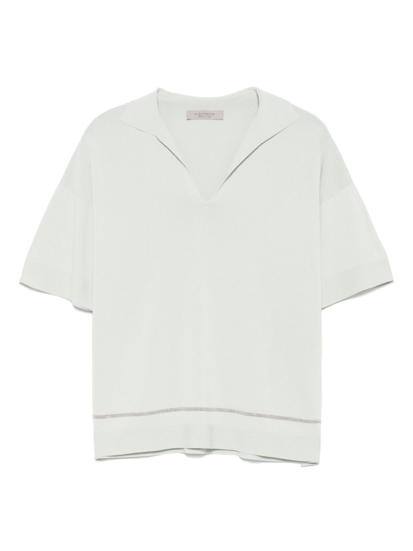 D Exterior Dexterior V-neck Green T-shirt With Subtle Stripe Detail In White