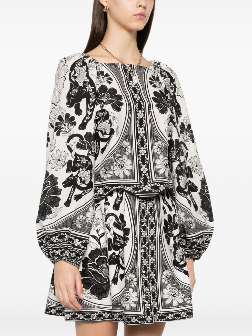 Farm Rio Placed Floral Print Long Sleeve Cotton Top In Gray