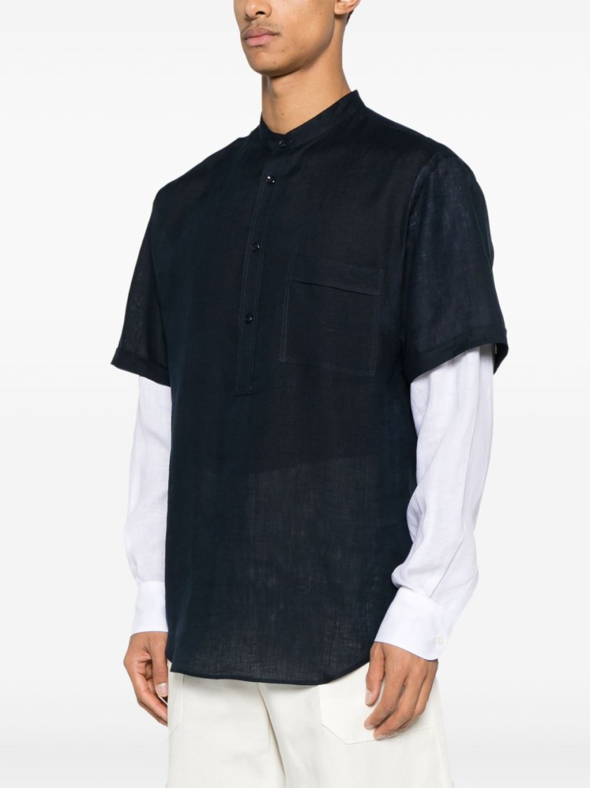 Giorgio Armani Layered Navy Blue Shirt With Band Collar And Buttoned Cuffs In Blue